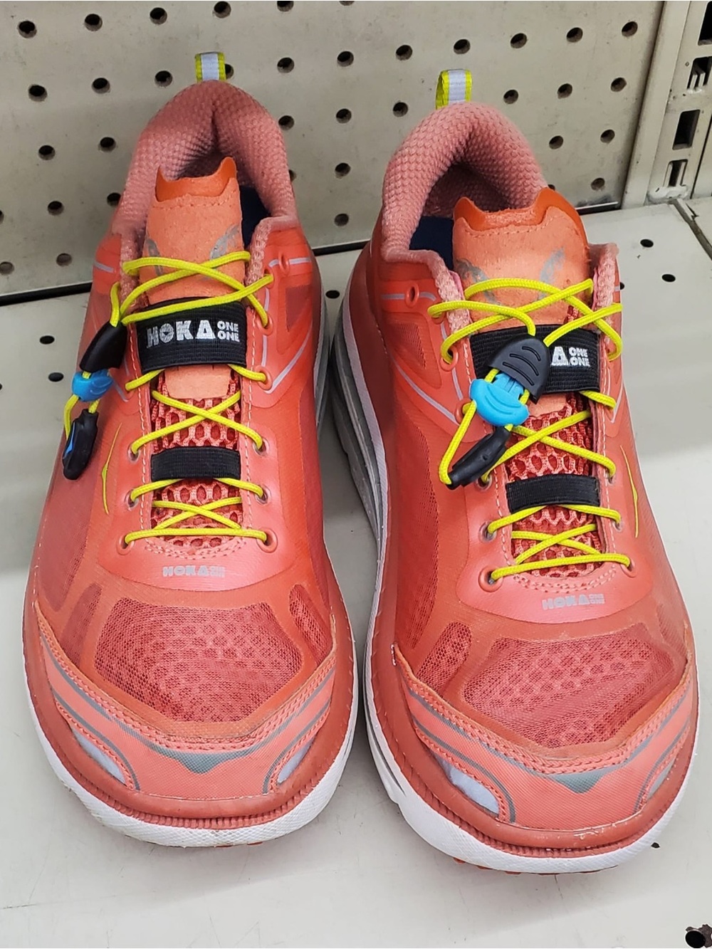 Hoka One One Coral Sneakers with Neon Yellow Laces (Read Description)